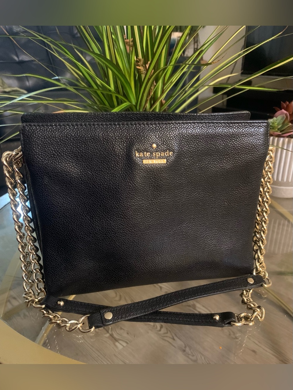 kate spade Black Pebbled Leather Crossbody with Gold Chain